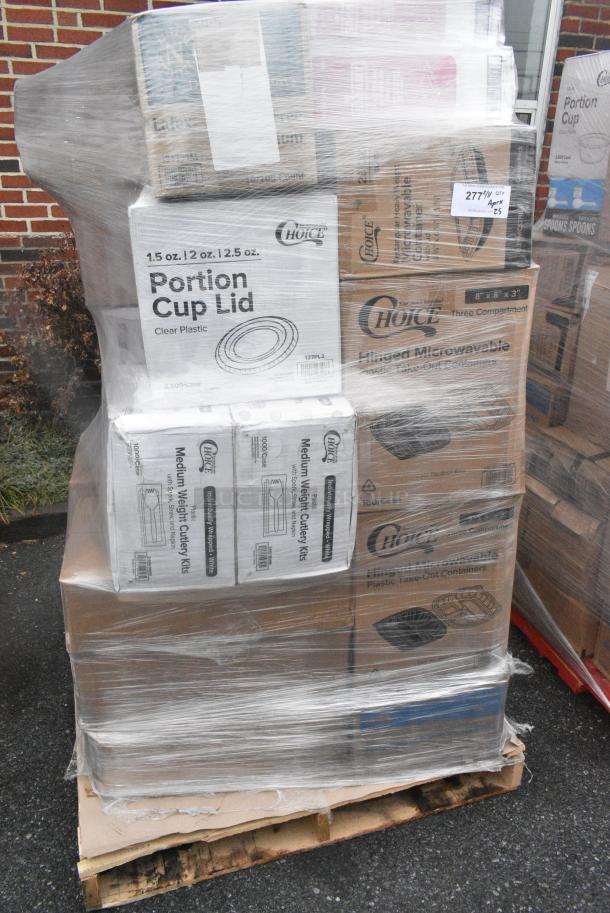 25 BRAND NEW! Boxes Including 127PL2 Choice PET Plastic Lid for 1.5 to 2.5 oz. Souffle Cup / Portion Cup - 2500/Case, 2 Box 346WSNSM Choice Medium Weight White Wrapped Polypropylene Plastic Spork, Straw, and Napkin Kit - 1000/Case, Choice Hinged Microwaveable Containers, Choice Portion Cup Lids, 129MCR24B Choice 24 oz. Black Round Microwavable Heavy Weight Container with Lid 7 1/4" - 150/Case. 25 Times Your Bid! - Image 1 of 9