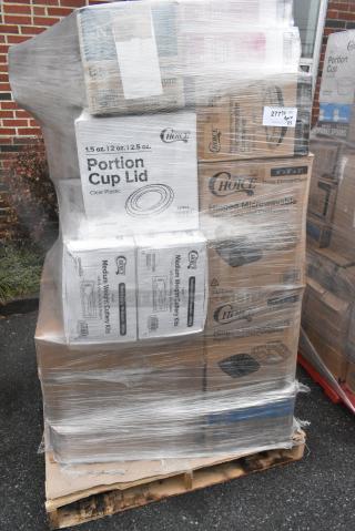 25 BRAND NEW! Boxes Including 127PL2 Choice PET Plastic Lid for 1.5 to 2.5 oz. Souffle Cup / Portion Cup - 2500/Case, 2 Box 346WSNSM Choice Medium Weight White Wrapped Polypropylene Plastic Spork, Straw, and Napkin Kit - 1000/Case, Choice Hinged Microwaveable Containers, Choice Portion Cup Lids, 129MCR24B Choice 24 oz. Black Round Microwavable Heavy Weight Container with Lid 7 1/4" - 150/Case. 25 Times Your Bid!