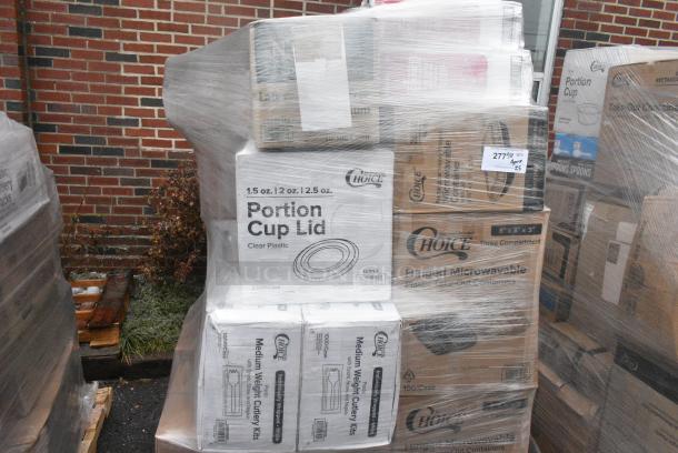 25 BRAND NEW! Boxes Including 127PL2 Choice PET Plastic Lid for 1.5 to 2.5 oz. Souffle Cup / Portion Cup - 2500/Case, 2 Box 346WSNSM Choice Medium Weight White Wrapped Polypropylene Plastic Spork, Straw, and Napkin Kit - 1000/Case, Choice Hinged Microwaveable Containers, Choice Portion Cup Lids, 129MCR24B Choice 24 oz. Black Round Microwavable Heavy Weight Container with Lid 7 1/4" - 150/Case. 25 Times Your Bid! - Image 3 of 9