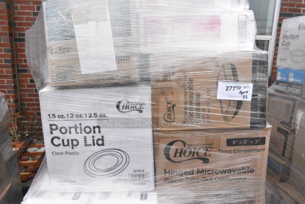 25 BRAND NEW! Boxes Including 127PL2 Choice PET Plastic Lid for 1.5 to 2.5 oz. Souffle Cup / Portion Cup - 2500/Case, 2 Box 346WSNSM Choice Medium Weight White Wrapped Polypropylene Plastic Spork, Straw, and Napkin Kit - 1000/Case, Choice Hinged Microwaveable Containers, Choice Portion Cup Lids, 129MCR24B Choice 24 oz. Black Round Microwavable Heavy Weight Container with Lid 7 1/4" - 150/Case. 25 Times Your Bid! - Image 6 of 9