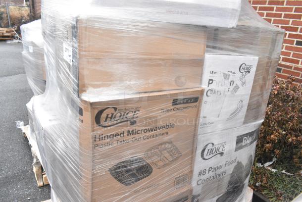 25 BRAND NEW! Boxes Including 127PL2 Choice PET Plastic Lid for 1.5 to 2.5 oz. Souffle Cup / Portion Cup - 2500/Case, 2 Box 346WSNSM Choice Medium Weight White Wrapped Polypropylene Plastic Spork, Straw, and Napkin Kit - 1000/Case, Choice Hinged Microwaveable Containers, Choice Portion Cup Lids, 129MCR24B Choice 24 oz. Black Round Microwavable Heavy Weight Container with Lid 7 1/4" - 150/Case. 25 Times Your Bid! - Image 8 of 9