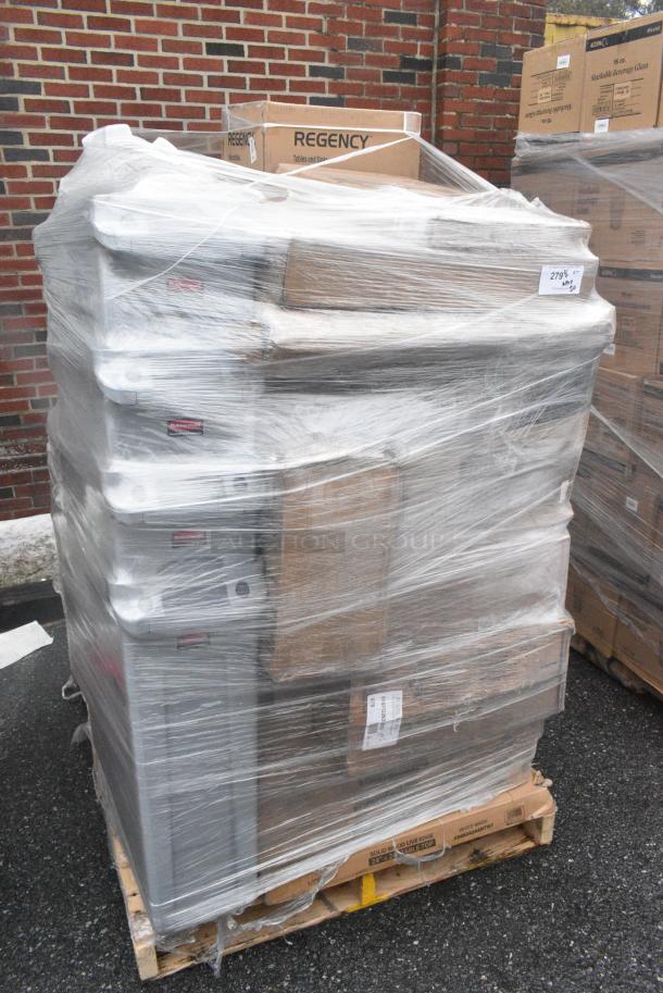 20 BRAND NEW! Boxes Including 4 Box 3492424ANTWT Lancaster Table & Seating Industrial 24" x 24" Solid Wood Live Edge Table Top with Bleached Oak Finish, 690FG2631RD Rubbermaid FG263100RED BRUTE 32 Gallon Red Round Trash Can Lid, 4 Rubbermaid Gray Poly Slim Jim Trash Cans, 600HS12SP Regency 12" x 16" Wall Mounted Hand Sink with Gooseneck Faucet and Side Splash, 600TUS3018 Regency 18-Gauge Galvanized Steel Adjustable Undershelf for 30" x 18" Filler Tables, 176IB200 Baker's Lane 12.6 Gallon / 200 Cup Shelf Ingredient Bin with Flip Lid, Label Sheet, and Scoop. 20 Times Your Bid! - Image 1 of 9
