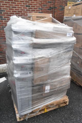 20 BRAND NEW! Boxes Including 4 Box 3492424ANTWT Lancaster Table & Seating Industrial 24" x 24" Solid Wood Live Edge Table Top with Bleached Oak Finish, 690FG2631RD Rubbermaid FG263100RED BRUTE 32 Gallon Red Round Trash Can Lid, 4 Rubbermaid Gray Poly Slim Jim Trash Cans, 600HS12SP Regency 12" x 16" Wall Mounted Hand Sink with Gooseneck Faucet and Side Splash, 600TUS3018 Regency 18-Gauge Galvanized Steel Adjustable Undershelf for 30" x 18" Filler Tables, 176IB200 Baker's Lane 12.6 Gallon / 200 Cup Shelf Ingredient Bin with Flip Lid, Label Sheet, and Scoop. 20 Times Your Bid!
