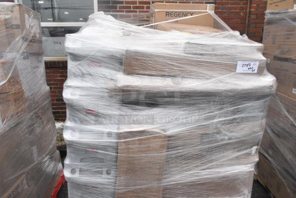 20 BRAND NEW! Boxes Including 4 Box 3492424ANTWT Lancaster Table & Seating Industrial 24" x 24" Solid Wood Live Edge Table Top with Bleached Oak Finish, 690FG2631RD Rubbermaid FG263100RED BRUTE 32 Gallon Red Round Trash Can Lid, 4 Rubbermaid Gray Poly Slim Jim Trash Cans, 600HS12SP Regency 12" x 16" Wall Mounted Hand Sink with Gooseneck Faucet and Side Splash, 600TUS3018 Regency 18-Gauge Galvanized Steel Adjustable Undershelf for 30" x 18" Filler Tables, 176IB200 Baker's Lane 12.6 Gallon / 200 Cup Shelf Ingredient Bin with Flip Lid, Label Sheet, and Scoop. 20 Times Your Bid! - Image 4 of 9
