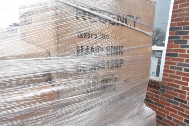 20 BRAND NEW! Boxes Including 4 Box 3492424ANTWT Lancaster Table & Seating Industrial 24" x 24" Solid Wood Live Edge Table Top with Bleached Oak Finish, 690FG2631RD Rubbermaid FG263100RED BRUTE 32 Gallon Red Round Trash Can Lid, 4 Rubbermaid Gray Poly Slim Jim Trash Cans, 600HS12SP Regency 12" x 16" Wall Mounted Hand Sink with Gooseneck Faucet and Side Splash, 600TUS3018 Regency 18-Gauge Galvanized Steel Adjustable Undershelf for 30" x 18" Filler Tables, 176IB200 Baker's Lane 12.6 Gallon / 200 Cup Shelf Ingredient Bin with Flip Lid, Label Sheet, and Scoop. 20 Times Your Bid! - Image 8 of 9