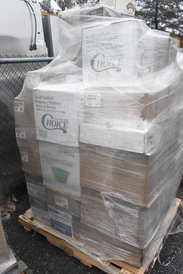 30 BRAND NEW! Boxes Including 2 Box 966TALLFLDN Choice Kraft Natural Tall-Fold 6" x 13" Dispenser Napkin - 8000/Case, 2 Box 394325M Noble NexGen Powder-Free Disposable Blue Hybrid 3 Mil Thick Gloves - Medium - 1000/Case, 127P325B Choice 3.25 oz. Black Plastic Souffle Cup / Portion Cup - 2500/Case, Choice Microwaveable Containers, Choice #8 Paper Food Containers, 30 Times Your Bid! - Image 3 of 11