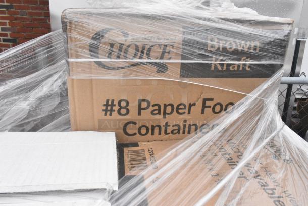 30 BRAND NEW! Boxes Including 2 Box 966TALLFLDN Choice Kraft Natural Tall-Fold 6" x 13" Dispenser Napkin - 8000/Case, 2 Box 394325M Noble NexGen Powder-Free Disposable Blue Hybrid 3 Mil Thick Gloves - Medium - 1000/Case, 127P325B Choice 3.25 oz. Black Plastic Souffle Cup / Portion Cup - 2500/Case, Choice Microwaveable Containers, Choice #8 Paper Food Containers, 30 Times Your Bid! - Image 10 of 11