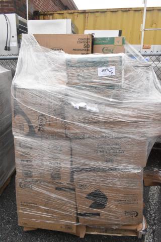 25 BRAND NEW! Boxes Including 500MF993W3C Choice 9" x 9" 3-Compartment Microwaveable White Mineral-Filled Plastic Hinged Take-Out Container - 150/Case, 2 box 395RP10 EcoChoice Compostable No PFAS Added Bamboo / Bagasse 10" Plate - 500/Case, 395SP10 EcoChoice Compostable No PFAS Added Bamboo / Bagasse 10" x 10" Square Plate - 300/Case, 2 Box 129MCS24W Choice 24 oz. White 8" x 5 1/4" x 2" Rectangular Microwavable Heavy Weight Container with Lid - 150/Case. 25 Times Your Bid!