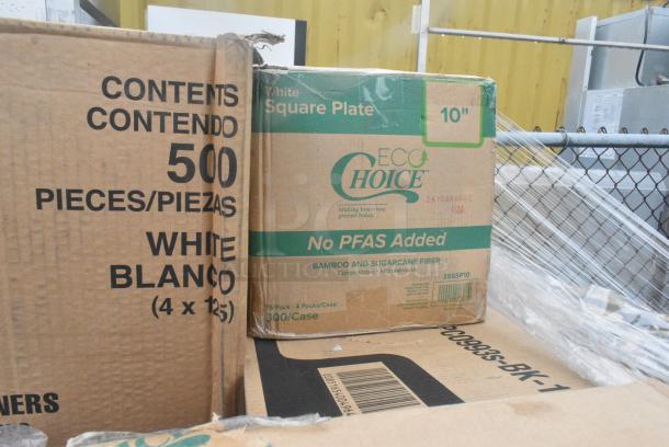 25 BRAND NEW! Boxes Including 500MF993W3C Choice 9" x 9" 3-Compartment Microwaveable White Mineral-Filled Plastic Hinged Take-Out Container - 150/Case, 2 box 395RP10 EcoChoice Compostable No PFAS Added Bamboo / Bagasse 10" Plate - 500/Case, 395SP10 EcoChoice Compostable No PFAS Added Bamboo / Bagasse 10" x 10" Square Plate - 300/Case, 2 Box 129MCS24W Choice 24 oz. White 8" x 5 1/4" x 2" Rectangular Microwavable Heavy Weight Container with Lid - 150/Case. 25 Times Your Bid! - Image 7 of 11