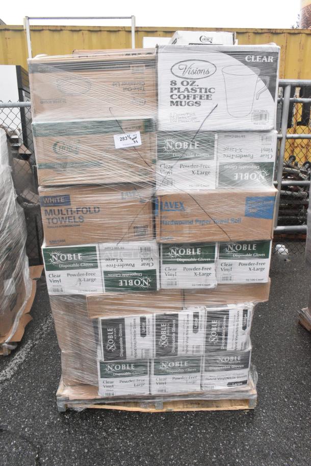 35 BRAND NEW! Boxes Including 4 Box 394365XL Noble Products Powder-Free Disposable Clear Vinyl Gloves for Foodservice - Extra Large - 1000/Case, 6 Box 394365L Noble Products Powder-Free Disposable Clear Vinyl Gloves for Foodservice - Large - 1000/Case, 347CM8CL Visions 8 oz. Clear Plastic Coffee Mug - 192/Case, 500MFT Lavex White M-Fold (Multifold) Towel - 4000/Case, 347CM8CL Visions 8 oz. Clear Plastic Coffee Mug - 192/Case. 35 Times Your Bid! - Image 1 of 9
