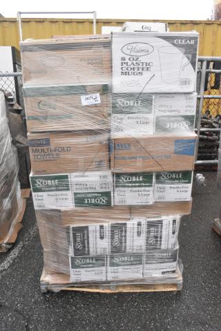35 BRAND NEW! Boxes Including 4 Box 394365XL Noble Products Powder-Free Disposable Clear Vinyl Gloves for Foodservice - Extra Large - 1000/Case, 6 Box 394365L Noble Products Powder-Free Disposable Clear Vinyl Gloves for Foodservice - Large - 1000/Case, 347CM8CL Visions 8 oz. Clear Plastic Coffee Mug - 192/Case, 500MFT Lavex White M-Fold (Multifold) Towel - 4000/Case, 347CM8CL Visions 8 oz. Clear Plastic Coffee Mug - 192/Case. 35 Times Your Bid!