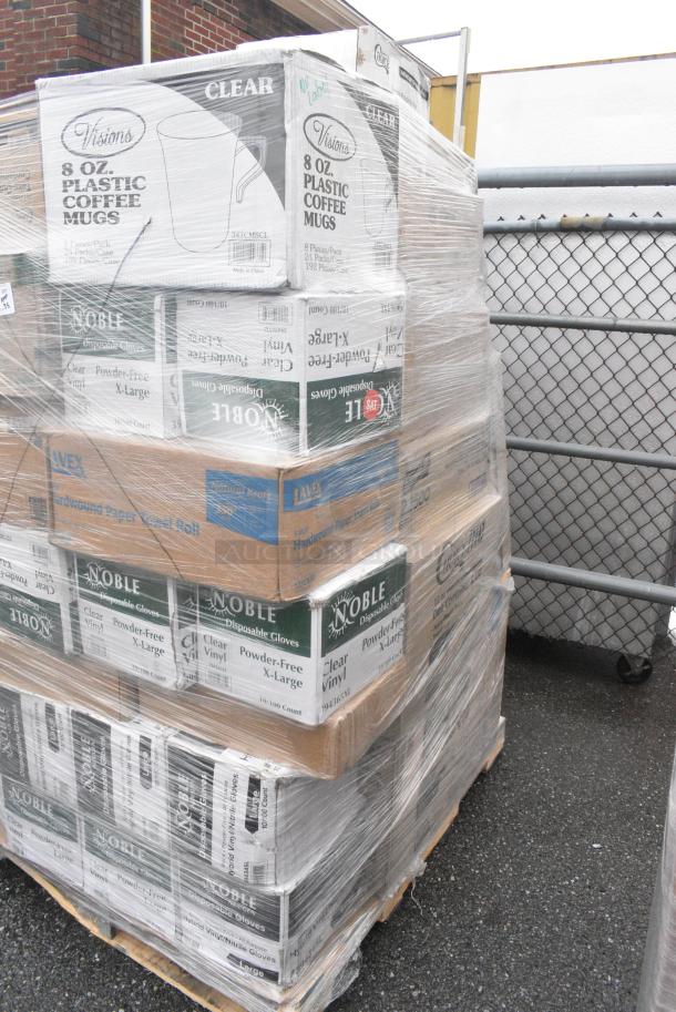 35 BRAND NEW! Boxes Including 4 Box 394365XL Noble Products Powder-Free Disposable Clear Vinyl Gloves for Foodservice - Extra Large - 1000/Case, 6 Box 394365L Noble Products Powder-Free Disposable Clear Vinyl Gloves for Foodservice - Large - 1000/Case, 347CM8CL Visions 8 oz. Clear Plastic Coffee Mug - 192/Case, 500MFT Lavex White M-Fold (Multifold) Towel - 4000/Case, 347CM8CL Visions 8 oz. Clear Plastic Coffee Mug - 192/Case. 35 Times Your Bid! - Image 2 of 9
