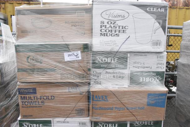 35 BRAND NEW! Boxes Including 4 Box 394365XL Noble Products Powder-Free Disposable Clear Vinyl Gloves for Foodservice - Extra Large - 1000/Case, 6 Box 394365L Noble Products Powder-Free Disposable Clear Vinyl Gloves for Foodservice - Large - 1000/Case, 347CM8CL Visions 8 oz. Clear Plastic Coffee Mug - 192/Case, 500MFT Lavex White M-Fold (Multifold) Towel - 4000/Case, 347CM8CL Visions 8 oz. Clear Plastic Coffee Mug - 192/Case. 35 Times Your Bid! - Image 7 of 9