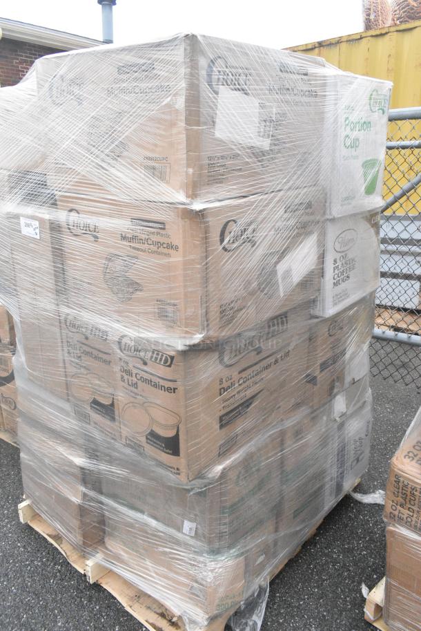 30 BRAND NEW! Boxes Including 347RPBD10WHG Visions 10" White Plastic Plate with Gold Bands - 120/Case, Trash Bags, 3 Box 128HD8COMBO Choice Heavy Duty 8 oz. Microwavable Translucent Plastic Deli Container and Lid Combo Pack - 240/Case, CHoice #4 Kraft Paper Food Containers, 2 Box 43312CUPC Choice 12-Cup Hinged PET Plastic Cupcake / Muffin Container - 100/Case, Choice Portion Cups. 30 Times Your Bid! - Image 2 of 10