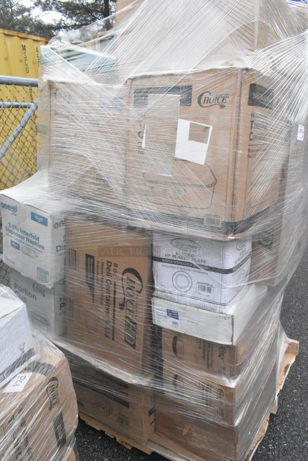 30 BRAND NEW! Boxes Including 347RPBD10WHG Visions 10" White Plastic Plate with Gold Bands - 120/Case, Trash Bags, 3 Box 128HD8COMBO Choice Heavy Duty 8 oz. Microwavable Translucent Plastic Deli Container and Lid Combo Pack - 240/Case, CHoice #4 Kraft Paper Food Containers, 2 Box 43312CUPC Choice 12-Cup Hinged PET Plastic Cupcake / Muffin Container - 100/Case, Choice Portion Cups. 30 Times Your Bid! - Image 3 of 10