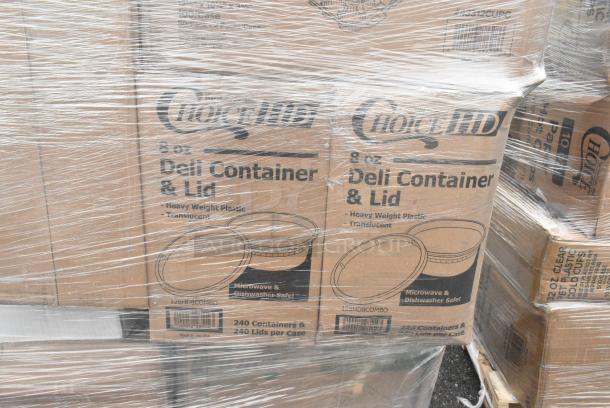 30 BRAND NEW! Boxes Including 347RPBD10WHG Visions 10" White Plastic Plate with Gold Bands - 120/Case, Trash Bags, 3 Box 128HD8COMBO Choice Heavy Duty 8 oz. Microwavable Translucent Plastic Deli Container and Lid Combo Pack - 240/Case, CHoice #4 Kraft Paper Food Containers, 2 Box 43312CUPC Choice 12-Cup Hinged PET Plastic Cupcake / Muffin Container - 100/Case, Choice Portion Cups. 30 Times Your Bid! - Image 7 of 10