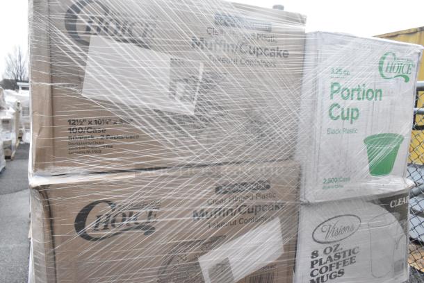 30 BRAND NEW! Boxes Including 347RPBD10WHG Visions 10" White Plastic Plate with Gold Bands - 120/Case, Trash Bags, 3 Box 128HD8COMBO Choice Heavy Duty 8 oz. Microwavable Translucent Plastic Deli Container and Lid Combo Pack - 240/Case, CHoice #4 Kraft Paper Food Containers, 2 Box 43312CUPC Choice 12-Cup Hinged PET Plastic Cupcake / Muffin Container - 100/Case, Choice Portion Cups. 30 Times Your Bid! - Image 9 of 10