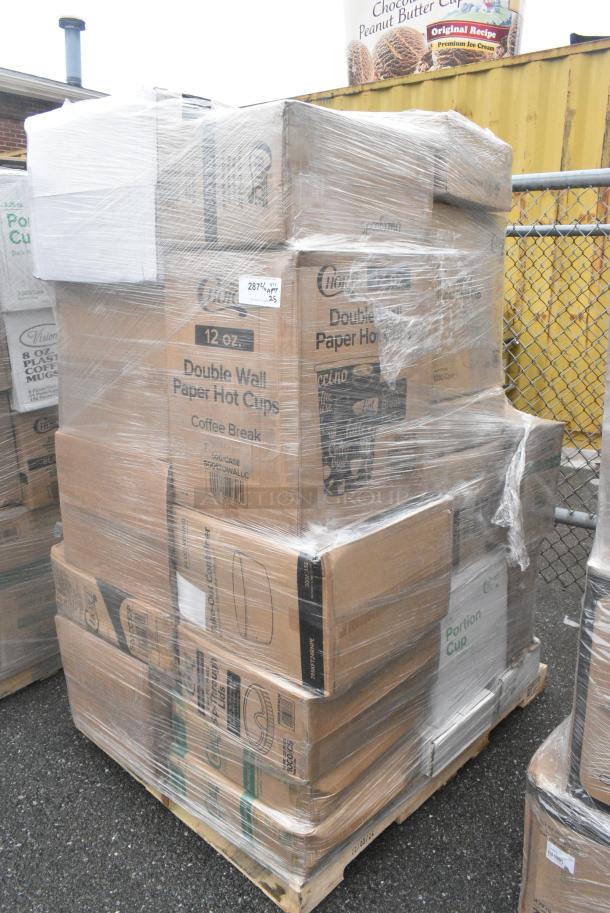 25 BRAND NEW! Boxes Including 50012DWALLC Choice 12 oz. Coffee Break Print Smooth Double Wall Paper Hot Cup - 500/Case, 500CC32P Choice Clear PET Plastic Cold Cup - 32 oz. - 500/Case, 500LSTRWLW Choice 9, 12, 16, 20, and 24 oz. Clear Sip-Through Lid with Extra-Wide Opening - 1000/Case, 2 Box 395RP09 EcoChoice No PFAS Added Bamboo / Bagasse Blend 9" Plate - 500/Case, CHoice #3 Paper Food Containers, Choice Portion Cups. 25 Times Your Bid! - Image 2 of 10