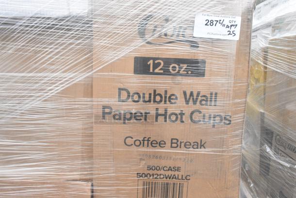 25 BRAND NEW! Boxes Including 50012DWALLC Choice 12 oz. Coffee Break Print Smooth Double Wall Paper Hot Cup - 500/Case, 500CC32P Choice Clear PET Plastic Cold Cup - 32 oz. - 500/Case, 500LSTRWLW Choice 9, 12, 16, 20, and 24 oz. Clear Sip-Through Lid with Extra-Wide Opening - 1000/Case, 2 Box 395RP09 EcoChoice No PFAS Added Bamboo / Bagasse Blend 9" Plate - 500/Case, CHoice #3 Paper Food Containers, Choice Portion Cups. 25 Times Your Bid! - Image 4 of 10
