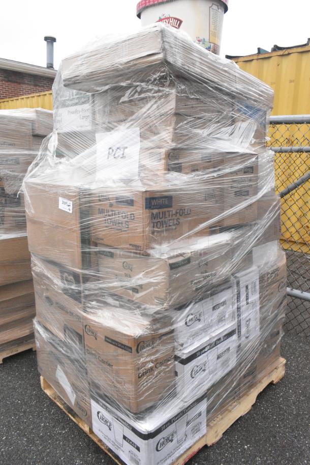 40 BRAND NEW! Boxes Including 485PCCUP424 Choice 4-Cup 12-24 oz. Drink Carrier with Handle - 200/Case, 4 Box 347TCL10 Choice 10 oz. Clear Disposable Plastic Tumbler - 500/Case, 433BR16BGC Choice 16 lb. Natural Kraft Paper Bag - 500/Case, 500MFT Lavex White M-Fold (Multifold) Towel - 4000/Case, Choice Plastic Cutlery Packs, Choice Heavy Duty Foil Steam Table Pans. 40 Times Your Bid! - Image 2 of 11