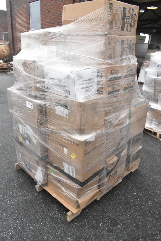 40 BRAND NEW! Boxes Including 50016DWALLW Choice 64 oz. Clear RPET Hinged Deli Container - 200/Case, 3 Box Noble X Large Gloves, 4 Box 129MCR32B Choice 32 oz. Black Round Microwavable Heavy Weight Container with Lid 7 1/4" - 150/Case, 2 box 760SOUP12WPL Choice 12 oz. White Double Poly-Coated Paper Food Cup with Vented Plastic Lid - 250/Case, Choice Take Out Containers, 2 Box 500LSTRWLW Choice 9, 12, 16, 20, and 24 oz. Clear Sip-Through Lid with Extra-Wide Opening - 1000/Case. 40 Times Your Bid! - Image 2 of 10