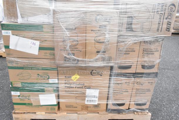 40 BRAND NEW! Boxes Including 50016DWALLW Choice 64 oz. Clear RPET Hinged Deli Container - 200/Case, 3 Box Noble X Large Gloves, 4 Box 129MCR32B Choice 32 oz. Black Round Microwavable Heavy Weight Container with Lid 7 1/4" - 150/Case, 2 box 760SOUP12WPL Choice 12 oz. White Double Poly-Coated Paper Food Cup with Vented Plastic Lid - 250/Case, Choice Take Out Containers, 2 Box 500LSTRWLW Choice 9, 12, 16, 20, and 24 oz. Clear Sip-Through Lid with Extra-Wide Opening - 1000/Case. 40 Times Your Bid! - Image 6 of 10