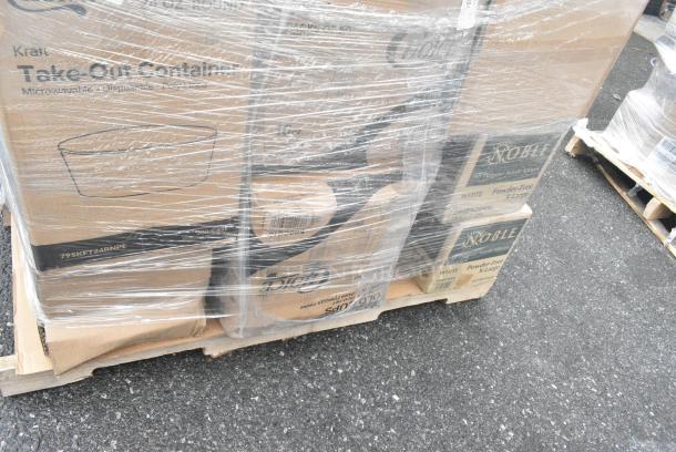 40 BRAND NEW! Boxes Including 50016DWALLW Choice 64 oz. Clear RPET Hinged Deli Container - 200/Case, 3 Box Noble X Large Gloves, 4 Box 129MCR32B Choice 32 oz. Black Round Microwavable Heavy Weight Container with Lid 7 1/4" - 150/Case, 2 box 760SOUP12WPL Choice 12 oz. White Double Poly-Coated Paper Food Cup with Vented Plastic Lid - 250/Case, Choice Take Out Containers, 2 Box 500LSTRWLW Choice 9, 12, 16, 20, and 24 oz. Clear Sip-Through Lid with Extra-Wide Opening - 1000/Case. 40 Times Your Bid! - Image 9 of 10