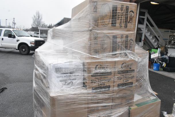 40 BRAND NEW! Boxes Including 50016DWALLW Choice 64 oz. Clear RPET Hinged Deli Container - 200/Case, 3 Box Noble X Large Gloves, 4 Box 129MCR32B Choice 32 oz. Black Round Microwavable Heavy Weight Container with Lid 7 1/4" - 150/Case, 2 box 760SOUP12WPL Choice 12 oz. White Double Poly-Coated Paper Food Cup with Vented Plastic Lid - 250/Case, Choice Take Out Containers, 2 Box 500LSTRWLW Choice 9, 12, 16, 20, and 24 oz. Clear Sip-Through Lid with Extra-Wide Opening - 1000/Case. 40 Times Your Bid! - Image 10 of 10