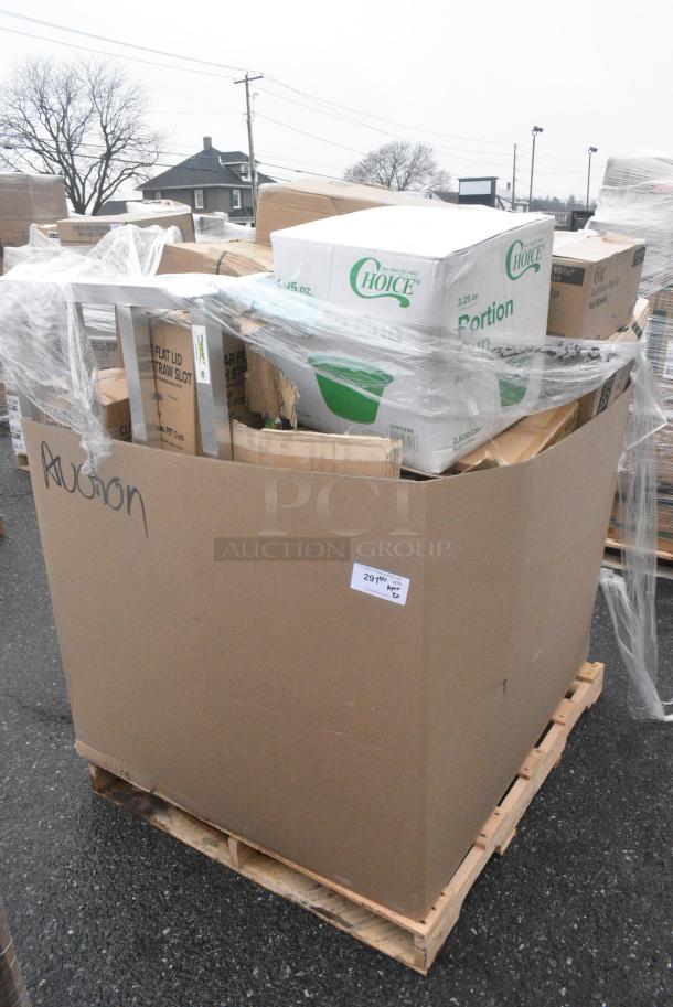 20 BRAND NEW! Boxes Including Choice Portion Cups, 1229102GCASE Choice 9" x 10 3/4" Gold Silver Food Service Interfolded Pop-Up Foil Sheets, 795PTOKFT8 Choice Kraft Microwavable Folded Paper #8 Take-Out Container 6" x 4 3/4" x 2 1/2" - 300/Case, 600DUN24488 DUNNAGE RACK 24X48X8 ALM, 164BWGWLADFR Barstool/Chair, Dart 90HTPF1R White Foam Square Take Out Container with Hinged Lid 9" x 9" x 3" - 200/Case, Choice #8 Paper Containers. 20 Times Your Bid! - Image 1 of 9