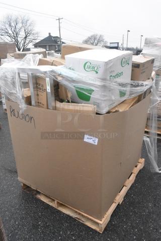 20 BRAND NEW! Boxes Including Choice Portion Cups, 1229102GCASE Choice 9" x 10 3/4" Gold Silver Food Service Interfolded Pop-Up Foil Sheets, 795PTOKFT8 Choice Kraft Microwavable Folded Paper #8 Take-Out Container 6" x 4 3/4" x 2 1/2" - 300/Case, 600DUN24488 DUNNAGE RACK 24X48X8 ALM, 164BWGWLADFR Barstool/Chair, Dart 90HTPF1R White Foam Square Take Out Container with Hinged Lid 9" x 9" x 3" - 200/Case, Choice #8 Paper Containers. 20 Times Your Bid!
