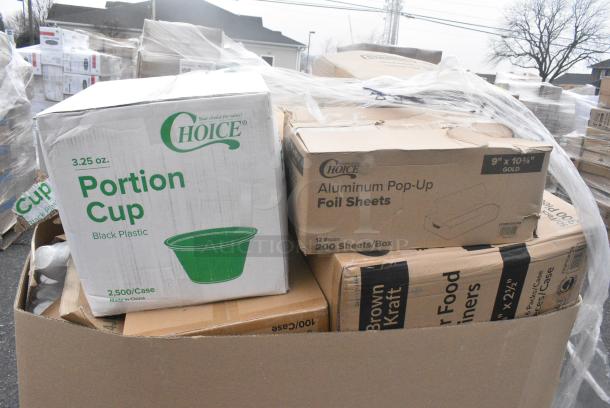 20 BRAND NEW! Boxes Including Choice Portion Cups, 1229102GCASE Choice 9" x 10 3/4" Gold Silver Food Service Interfolded Pop-Up Foil Sheets, 795PTOKFT8 Choice Kraft Microwavable Folded Paper #8 Take-Out Container 6" x 4 3/4" x 2 1/2" - 300/Case, 600DUN24488 DUNNAGE RACK 24X48X8 ALM, 164BWGWLADFR Barstool/Chair, Dart 90HTPF1R White Foam Square Take Out Container with Hinged Lid 9" x 9" x 3" - 200/Case, Choice #8 Paper Containers. 20 Times Your Bid! - Image 2 of 9