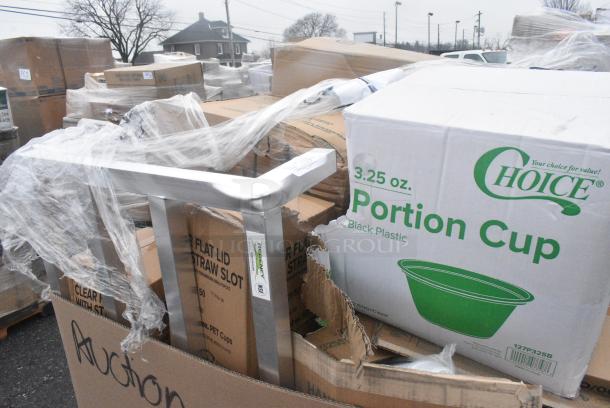 20 BRAND NEW! Boxes Including Choice Portion Cups, 1229102GCASE Choice 9" x 10 3/4" Gold Silver Food Service Interfolded Pop-Up Foil Sheets, 795PTOKFT8 Choice Kraft Microwavable Folded Paper #8 Take-Out Container 6" x 4 3/4" x 2 1/2" - 300/Case, 600DUN24488 DUNNAGE RACK 24X48X8 ALM, 164BWGWLADFR Barstool/Chair, Dart 90HTPF1R White Foam Square Take Out Container with Hinged Lid 9" x 9" x 3" - 200/Case, Choice #8 Paper Containers. 20 Times Your Bid! - Image 3 of 9