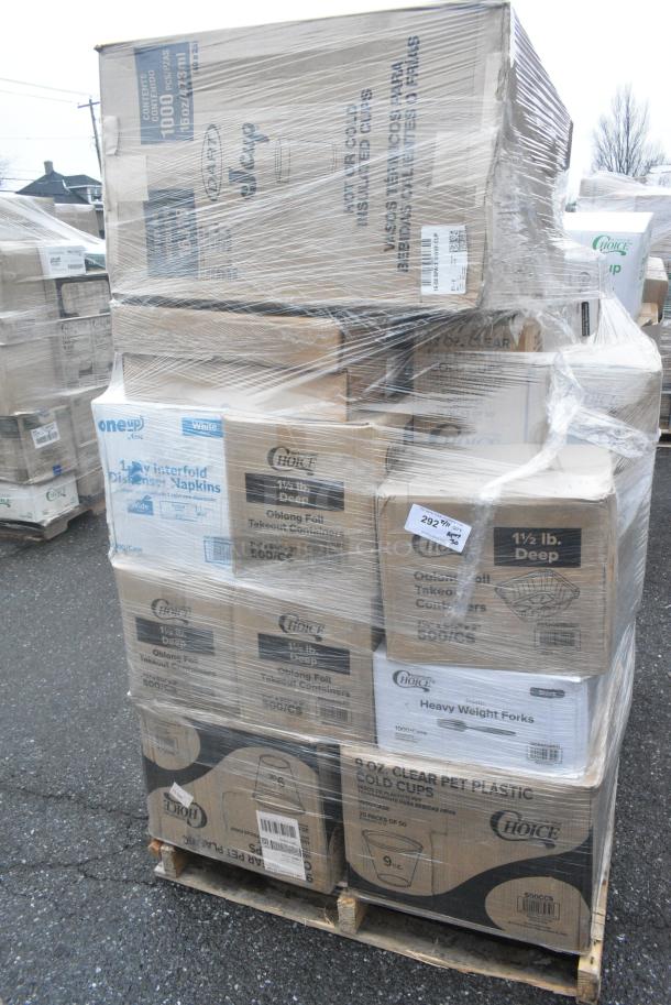 30 BRAND NEW! Boxes Including 2 Box 128HD16COMBO Choice Heavy Duty 16 oz. Microwavable Translucent Plastic Deli Container and Lid Combo Pack - 240/Case, 2 Box 500CC9 Choice 9 oz. Clear PET Customizable Plastic Squat Cold Cup - 1000/Case, 2 Box 612OB15LBD Choice 1.5 lb. Oblong Deep Foil Take-Out Container - 500/Case, Dart 16J16C 16 oz. Coke® Foam Cup - 1000/Case, 50010W Choice 10 oz. White Poly Paper Hot Cup - 1000/Case, 3 Box 130BKFORKH Choice Black Heavy Weight Polystyrene Plastic Fork - 1000/Case, 50010W Choice White Poly Paper Cup, 2 Box 346BKPSNM Choice Medium Weight Black Wrapped Polypropylene Plastic Cutlery Set with Napkin. 30 Times Your Bid! - Image 1 of 13