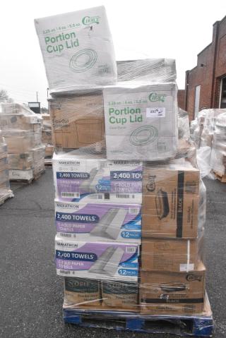 25 BRAND NEW! Boxes Including 3 Box Marathon C-Fold Paper Towels, 2 Box 394385M Noble Products White Powder-Free Disposable Latex Gloves for Foodservice - Medium - 1000/Case, 129MCS24B Choice 24 oz. Black Rectangular Microwavable Heavy Weight Container with Lid 8" x 5 1/4" x 2" - 150/Case, Choice Plastic Cold Cups, 2 Box OneUp Napkins. 25 Times Your Bid!