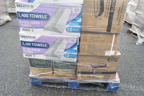 25 BRAND NEW! Boxes Including 3 Box Marathon C-Fold Paper Towels, 2 Box 394385M Noble Products White Powder-Free Disposable Latex Gloves for Foodservice - Medium - 1000/Case, 129MCS24B Choice 24 oz. Black Rectangular Microwavable Heavy Weight Container with Lid 8" x 5 1/4" x 2" - 150/Case, Choice Plastic Cold Cups, 2 Box OneUp Napkins. 25 Times Your Bid! - Image 2 of 8