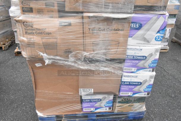 25 BRAND NEW! Boxes Including 3 Box Marathon C-Fold Paper Towels, 2 Box 394385M Noble Products White Powder-Free Disposable Latex Gloves for Foodservice - Medium - 1000/Case, 129MCS24B Choice 24 oz. Black Rectangular Microwavable Heavy Weight Container with Lid 8" x 5 1/4" x 2" - 150/Case, Choice Plastic Cold Cups, 2 Box OneUp Napkins. 25 Times Your Bid! - Image 8 of 8