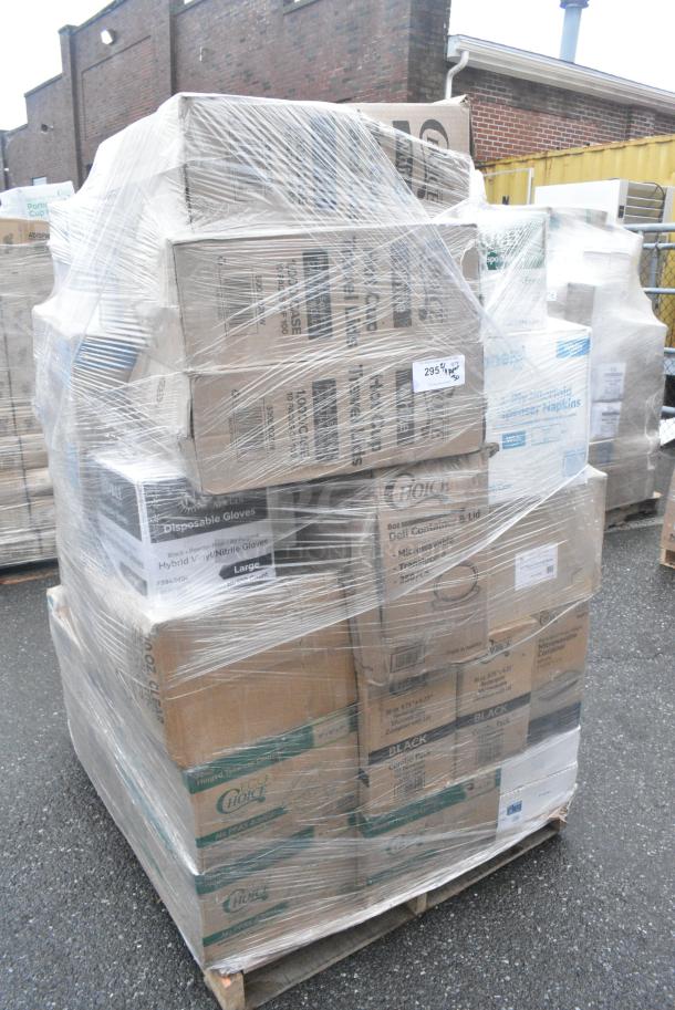 30 BRAND NEW! Boxes Including 2 Box 129MCS38B Choice 38 oz. Black Rectangular Microwavable Heavy Weight Container with Lid 8 3/4" x 6 1/4" x 2- QTY 150, 2 Box 500L1020W Choice White Hot Paper Cup Travel Lid for 10-24 oz. Standard Cups and 8 oz. Squat Cups - 1000/Case, 2 Box Lavex Hybrid Vinyl Gloves, 130d77uf 7 1/2" x 7 1/2" Unprinted Plastic Deli Saddle Bag with Flip Top - 2000/Case, Lavex Paper Towels. 30 Times Your Bid! - Image 1 of 9