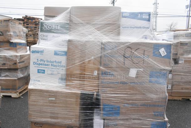 30 BRAND NEW! Boxes Including 2 Box 129MCS38B Choice 38 oz. Black Rectangular Microwavable Heavy Weight Container with Lid 8 3/4" x 6 1/4" x 2- QTY 150, 2 Box 500L1020W Choice White Hot Paper Cup Travel Lid for 10-24 oz. Standard Cups and 8 oz. Squat Cups - 1000/Case, 2 Box Lavex Hybrid Vinyl Gloves, 130d77uf 7 1/2" x 7 1/2" Unprinted Plastic Deli Saddle Bag with Flip Top - 2000/Case, Lavex Paper Towels. 30 Times Your Bid! - Image 9 of 9