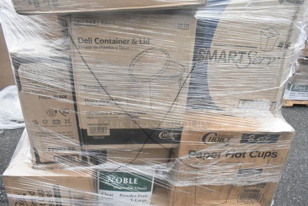 25 BRAND NEW! Boxes Including 5008W Choice 8 oz. Tall White Poly Paper Hot Cup - 1000/Case, 3 Boxes of Noble Gloves, 3 Box 129MCR32B Choice 32 oz. Black Round Microwavable Heavy Weight Container with Lid 7 1/4" - 150/Case, SmartServ #16 Containers. 25 Times Your Bid! - Image 4 of 9