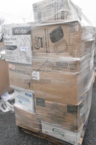 30 BRAND NEW! Boxes Including 500TO963 Choice 9" x 6" x 3" Microwaveable 1-Compartment Black / Clear Plastic Hinged Container - 100/Case, 612FFL1230 Choice Foil Steam Table Pan Lid - Full Size - 50/Case, CH32DEF Dart ClearPac SafeSeal 32 oz. Tamper-Resistant, Tamper-Evident Hinged Container with Flat Lid - 200/Case, 966UPWIDEB1-500 OneUp by Choice White 1-Ply Wide Interfold 6 1/2" x 8 1/2" Dispenser Napkin - 6000/Case, 795PTOWHT4 Choice White Microwavable Folded Paper Take Out Containers, 2 Box Lavex Paper Towels. 30 Times Your Bid!