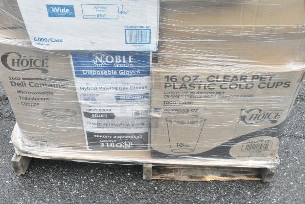 35 BRAND NEW! Boxes Including 500CC16 Choice Clear PET Customizable Plastic Cold Cup - 16 oz. - 1000/Case, 127RD16BULK Choice 16 oz. Customizable Microwavable Translucent Round Deli Container - 500/Case, 2 Box 966UPWIDEB1-500 OneUp by Choice White 1-Ply Wide Interfold 6 1/2" x 8 1/2" Dispenser Napkin - 6000/Case, 612605070HD Choice Full Size Heavy-Duty Foil Steam Table Pan Deep 3 3/8" Depth - 50/Case, 4 Box Lavex Paper Towels. 35 Times Your Bid! - Image 1 of 11