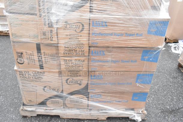 35 BRAND NEW! Boxes Including 500CC16 Choice Clear PET Customizable Plastic Cold Cup - 16 oz. - 1000/Case, 127RD16BULK Choice 16 oz. Customizable Microwavable Translucent Round Deli Container - 500/Case, 2 Box 966UPWIDEB1-500 OneUp by Choice White 1-Ply Wide Interfold 6 1/2" x 8 1/2" Dispenser Napkin - 6000/Case, 612605070HD Choice Full Size Heavy-Duty Foil Steam Table Pan Deep 3 3/8" Depth - 50/Case, 4 Box Lavex Paper Towels. 35 Times Your Bid! - Image 10 of 11