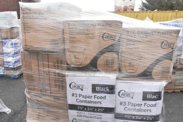 20 BRAND NEW! Boxes Including 2 Choice #3 Paper Food Containers, 500TW7 Choice 7 oz. Translucent Thin Wall Plastic Cold Cup - 2500/Case, 3 Box 128HD12COMBO Choice Heavy Duty 12 oz. Microwavable Translucent Plastic Deli Container and Lid Combo Pack - 240/Case, 2 Box 500CC9 Choice 9 oz. Clear PET Customizable Plastic Squat Cold Cup - 1000/Case. 20 Times Your Bid! - Image 8 of 8