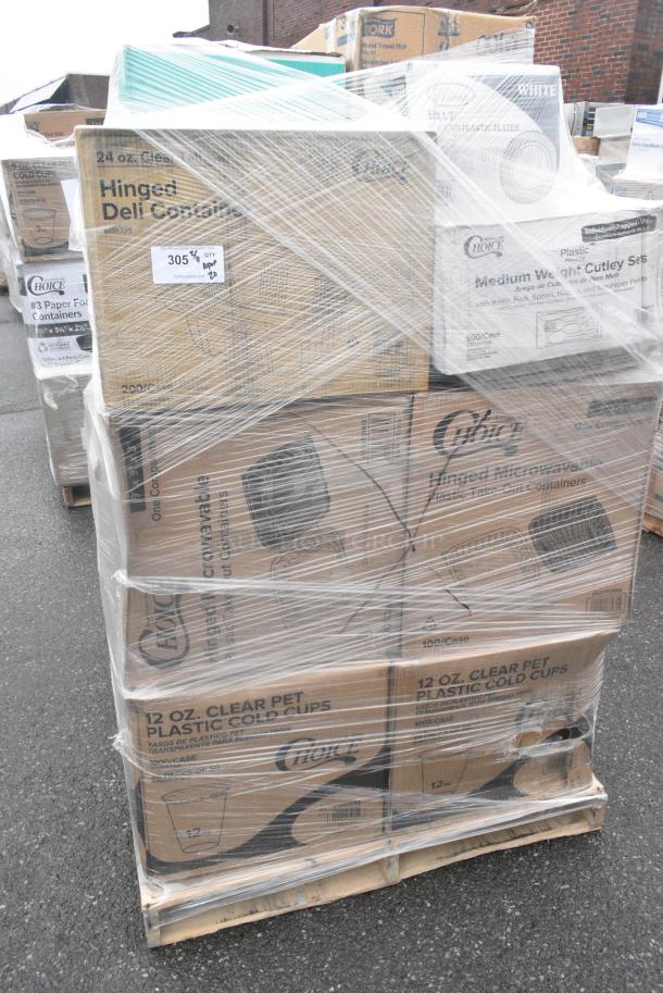 20 BRAND NEW! Boxes Including 2 Box 500CC12 Choice Clear PET Customizable Plastic Cold Cup - 12 oz. - 1000/Case, 2 Box 500TO993 Choice 9" x 9" x 3" Microwaveable 3-Compartment Black / Clear Plastic Hinged Container - 100/Case. 20 Times Your Bid! - Image 1 of 10