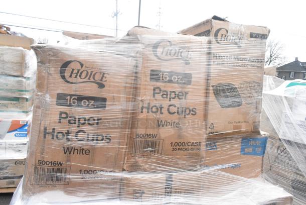 35 BRAND NEW! Boxes Including 2 Box 50016W Choice 16 oz. White Poly Paper Hot Cup - 1000/Case, 3 Box 130CLFKSNSPH Choice Clear Heavy Weight Wrapped Polystyrene Plastic Cutlery Pack with Napkin and Salt and Pepper Packets - 500/Case, 128HD8COMBO Choice Heavy Duty 8 oz. Microwavable Translucent Plastic Deli Container and Lid Combo Pack - 240/Case, 4 Box 433NHT108 Choice 1/6 Standard Size White "Happy Face" Heavy-Duty Plastic T-Shirt Bag - 500/Case, 2 Box 433NHT101H Choice 1/6 Standard Size White "Thank You" Medium-Duty Plastic T-Shirt Bag - 1000/Case. 35 Times Your Bid! - Image 1 of 6
