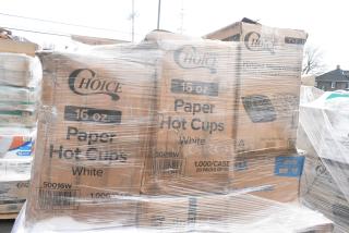 35 BRAND NEW! Boxes Including 2 Box 50016W Choice 16 oz. White Poly Paper Hot Cup - 1000/Case, 3 Box 130CLFKSNSPH Choice Clear Heavy Weight Wrapped Polystyrene Plastic Cutlery Pack with Napkin and Salt and Pepper Packets - 500/Case, 128HD8COMBO Choice Heavy Duty 8 oz. Microwavable Translucent Plastic Deli Container and Lid Combo Pack - 240/Case, 4 Box 433NHT108 Choice 1/6 Standard Size White "Happy Face" Heavy-Duty Plastic T-Shirt Bag - 500/Case, 2 Box 433NHT101H Choice 1/6 Standard Size White "Thank You" Medium-Duty Plastic T-Shirt Bag - 1000/Case. 35 Times Your Bid!