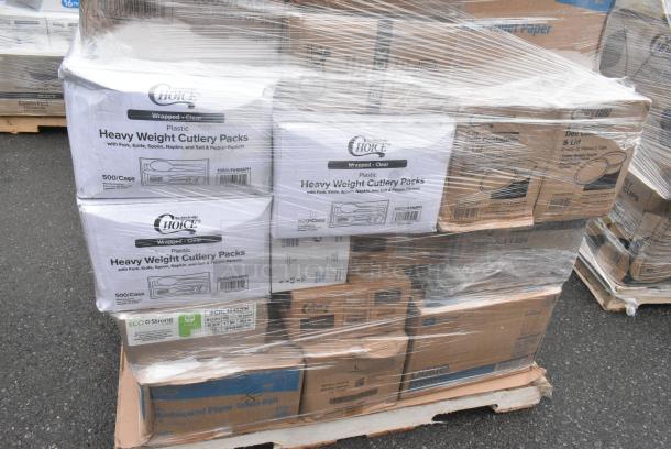 35 BRAND NEW! Boxes Including 2 Box 50016W Choice 16 oz. White Poly Paper Hot Cup - 1000/Case, 3 Box 130CLFKSNSPH Choice Clear Heavy Weight Wrapped Polystyrene Plastic Cutlery Pack with Napkin and Salt and Pepper Packets - 500/Case, 128HD8COMBO Choice Heavy Duty 8 oz. Microwavable Translucent Plastic Deli Container and Lid Combo Pack - 240/Case, 4 Box 433NHT108 Choice 1/6 Standard Size White "Happy Face" Heavy-Duty Plastic T-Shirt Bag - 500/Case, 2 Box 433NHT101H Choice 1/6 Standard Size White "Thank You" Medium-Duty Plastic T-Shirt Bag - 1000/Case. 35 Times Your Bid! - Image 2 of 6
