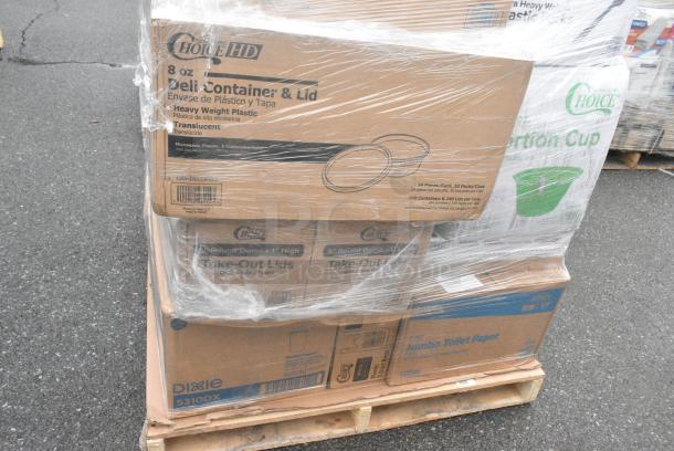 35 BRAND NEW! Boxes Including 2 Box 50016W Choice 16 oz. White Poly Paper Hot Cup - 1000/Case, 3 Box 130CLFKSNSPH Choice Clear Heavy Weight Wrapped Polystyrene Plastic Cutlery Pack with Napkin and Salt and Pepper Packets - 500/Case, 128HD8COMBO Choice Heavy Duty 8 oz. Microwavable Translucent Plastic Deli Container and Lid Combo Pack - 240/Case, 4 Box 433NHT108 Choice 1/6 Standard Size White "Happy Face" Heavy-Duty Plastic T-Shirt Bag - 500/Case, 2 Box 433NHT101H Choice 1/6 Standard Size White "Thank You" Medium-Duty Plastic T-Shirt Bag - 1000/Case. 35 Times Your Bid! - Image 3 of 6