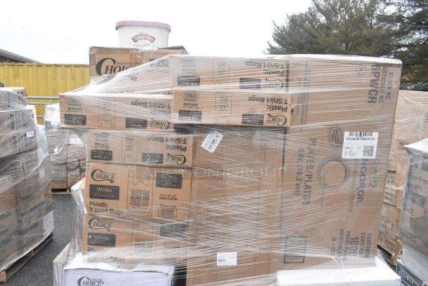 35 BRAND NEW! Boxes Including 2 Box 50016W Choice 16 oz. White Poly Paper Hot Cup - 1000/Case, 3 Box 130CLFKSNSPH Choice Clear Heavy Weight Wrapped Polystyrene Plastic Cutlery Pack with Napkin and Salt and Pepper Packets - 500/Case, 128HD8COMBO Choice Heavy Duty 8 oz. Microwavable Translucent Plastic Deli Container and Lid Combo Pack - 240/Case, 4 Box 433NHT108 Choice 1/6 Standard Size White "Happy Face" Heavy-Duty Plastic T-Shirt Bag - 500/Case, 2 Box 433NHT101H Choice 1/6 Standard Size White "Thank You" Medium-Duty Plastic T-Shirt Bag - 1000/Case. 35 Times Your Bid! - Image 6 of 6