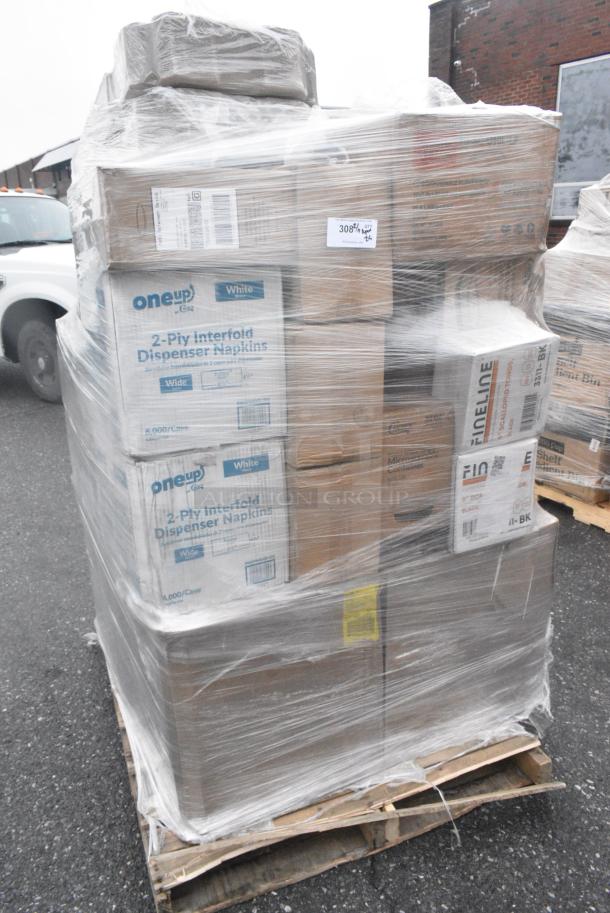 25 BRAND NEW! Boxes Including 2 Box 966UPWIDEB-500 OneUp by Choice White 2-Ply Wide Interfold 6 1/2" x 8 1/2" Dispenser Napkin - 6000/Case, 4 Boxes of Noble Gloves, 127SB18COMBO Choice 18 oz. Clear Plastic Salad Bowl with Lid - 150/Case, 2 Box Fineline Scalloped Tongs. 25 Times Your Bid! - Image 1 of 8